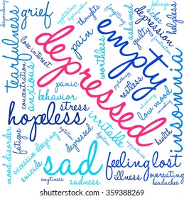 Depressed word cloud on a white background. 