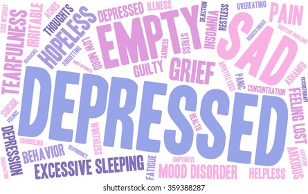 Depressed word cloud on a white background. 