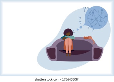 Depressed young african american girl sitting on sofa and thinking. Nearby is a red cat. Sad, depression, flat illustration on a white background. Depression girl with sad thoughts in her head.