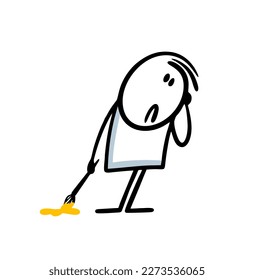 Depressed young artist lowered his hands with a brush and left a stain of oil paint on the floor. Vector illustration of a stickman without inspiration and enthusiasm.