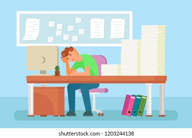 Depressed young business man sitting at office table full of documents. Vector flat style design illustration. Overloaded, exhausted office worker because of doing paperwork.