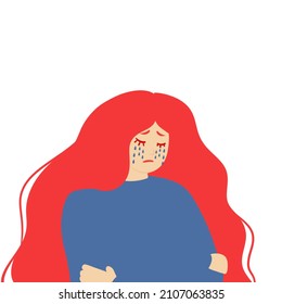 A depressed young girl is crying. A crying woman, emotions, grief. Vector illustration of a human character isolated from a white background