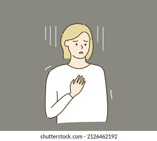 Depressed young girl shivering. Pregnant woman suffering from nausea. Depression, stress, mental health, pregnancy, disease symptom concepts. Hand drawn cartoon vector illustrations.