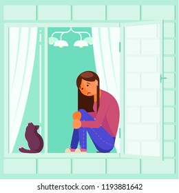 Depressed young girl sitting on window sill with her lovely pet cat. Vector flat style design illustration.