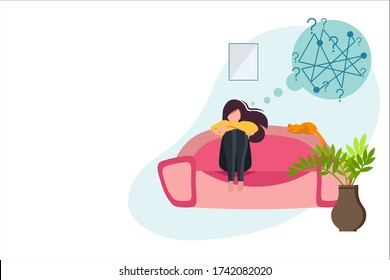 Depressed young girl is sitting on the sofa and thinking. Nearby is a red cat. Sad, depression, flat illustration on a white background. Depressed, unhappy woman with sad thoughts in her head.