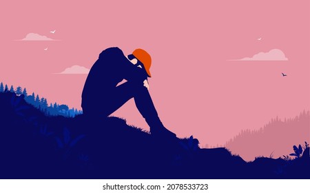 Depressed young male - Man sitting outdoors hiding face in hands, feeling sad and suffering from depression. Mental health concept, vector illustration