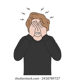 Depressed young man covers his face with hands. Mental disorders, stress and depression concept. Hand drawn vector illustration