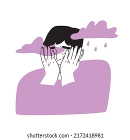 Depressed young man. Crying male character surrounded by clouds. Sadness, sorrow, mental disorder or illness concept. Hand drawn flat vector illustration