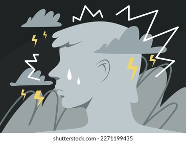 Joven deprimido. Silhouette macho llorando rodeada de nubes y relámpagos. Problema psicológico, tristeza, dolor, trastorno mental o enfermedad. Ilustración de vector plano dibujado a mano