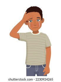depressed young man feeling sad, crying, broken heart, upset, tired and bored with hand on his forehead