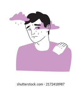 Depressed young man. Sad male character surrounded by clouds. Sadness, sorrow, mental disorder or illness concept. Hand drawn flat vector illustration