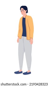 Depressed young man semi flat color vector character. Stress problem. Mental health. Editable figure. Full body person on white. Simple cartoon style illustration for web graphic design and