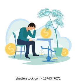 Depressed young man sitting on a chair reading a document and thinking about finding money for paying bills. Financial problems and bankruptcy concept. Flat vector illustration. 