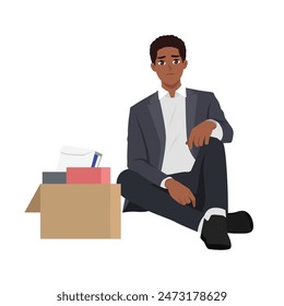 Depressed young man sitting on floor leaning on his hands, having financial troubles. Flat vector illustration isolated on white background