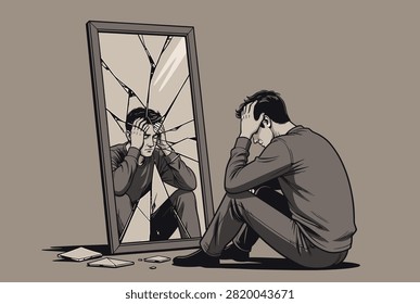 Depressed young man sitting on the floor with his head in his hands looking at his own sad reflection in a large cracked mirror frame.