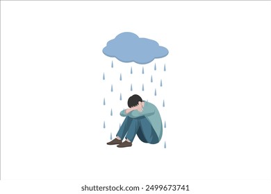 Depressed young man sitting under a metaphorical rain cloud. Sad lonely man hugging his knees. Concept of depression, mental health, psychological problems, abuse. Vector illustration