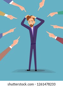 Depressed young man surrounded by hands with index fingers pointing at he. Concept of quilt, accusation, public censure and victim blaming. Flat cartoon colorful vector illustration.