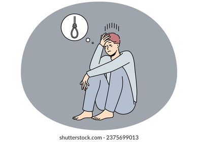 Depressed young man thinking of suicide. Unwell sad male feel depression suffer from mental problems want to end life. Vector illustration.