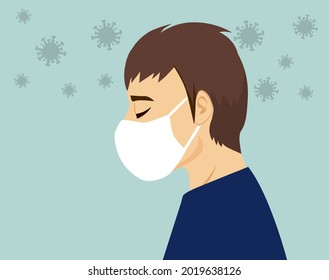 Depressed young man wearing white medical face mask covering. Coronavirus mental health pandemic concept