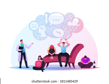 Depressed Young Men and Women Suffering of Depression Anxiety Problem Feeling Frustrated. Anxious Characters Sitting Sad or Desperate at Psychologist Doctor Cabinet. Cartoon People Vector Illustration