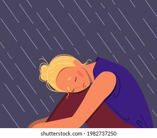 Depressed young unhappy girl sitting and hugging her knees under rain. Concept of mental disorder. Colorful vector illustration in flat cartoon style.