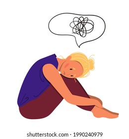 Depressed young unhappy girl sitting and hugging her knees. Concept of mental disorder. Colorful vector illustration in flat cartoon style.