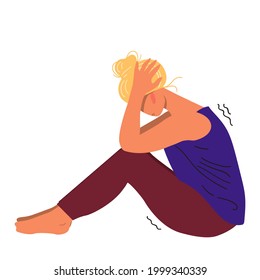 Depressed young unhappy girl sitting and holding her head. Concept of mental disorder. Colorful vector illustration in flat cartoon style.