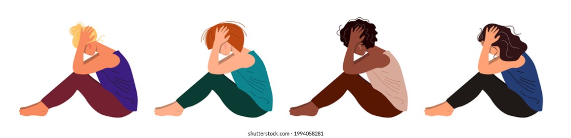 Depressed young unhappy girls sitting and holding their head. Concept of mental disorder. Colorful vector illustration in flat cartoon style.
