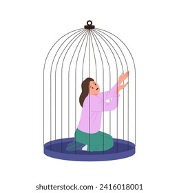 Depressed young woman cartoon character trapped in cage feeling fear and helpless isolated on white