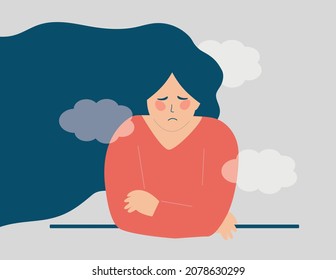 Depressed Young woman with a clouded mind feels sad. Stressed teenager girl suffers from Alzheimer, dementia or amnesia. Mental health disorders, anxiety, depression concept. Vector illustration.