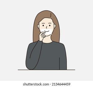 Depressed young woman covering her sad face with smiling mouth paper. Mental health, fake smile, depression, psychological disease concepts. Hand Drawn cartoon character design Vector Illustrations.