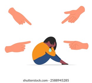 Depressed young woman cries and covers her face. Girl surrounded by hands with index fingers pointing at her. Bullying, accusation, public censure and victim blaming concept. stock illustration.