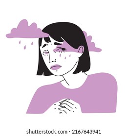 Depressed young woman. Crying female character surrounded by clouds. Sadness, sorrow, mental disorder or llness concept. Hand drawn flat vector illustration