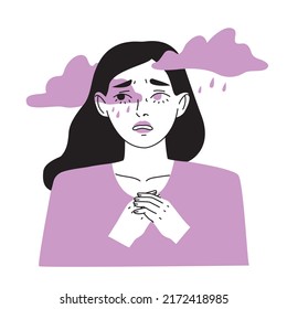 Depressed young woman. Crying female character surrounded by clouds. Sadness, sorrow, mental disorder or illness concept. Hand drawn flat vector illustration