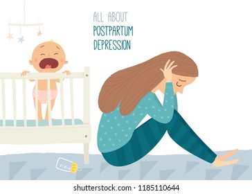 Depressive junge Frau mit süßem Baby. Depressionen nach der Geburt. Postnatale Depression. Cartoon, Vektorgrafik, handgezeichnet, EPS10, einzeln auf weißem Hintergrund.