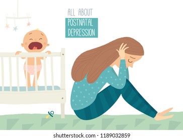 Depressive junge Frau mit süßem Baby.Depressionen nach der Geburt. Postnatale Depression. Cartoon, Vektorgrafik, handgezeichnet, EPS10, einzeln auf weißem Hintergrund.