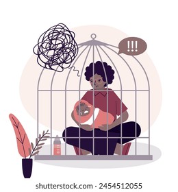 Depressed young woman with cute baby. Postpartum depression. Postnatal depression, emotional pressure. African american mom with infant sitting in prison birdcage. flat vector illustration