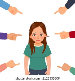 Depressed young woman feeling sad, guilty and ashamed get bullied with finger surrounding pointing at him blaming and accusing her in public