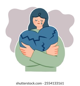 Depressed young woman hand holding broken heart shapes. Breakup, Loneliness, Mental health, Disappointment in love, betrayal, relationship problem, divorce. Flat cartoon style vector illustration.