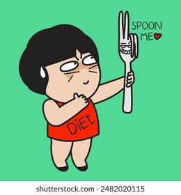 Depressed Young Woman Holding Fork On Dieting Time Concept Card Character illustration
