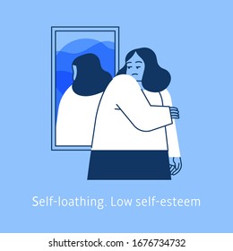 Depressed young woman with low self-esteem looks at herself in the mirror. Self-loathing. Teen female doesn't want to look at herself. Flat vector illustration of the Symptoms of Depression.