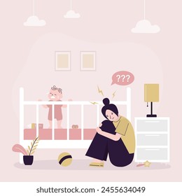 Depressed young woman sits by crib of small crying child. Insomnia, hysteria, postpartum depression. Postnatal crisis, emotional pressure. Caucasian mom with newborn baby. Infant bedroom interior.