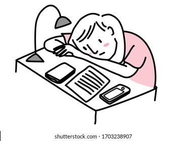 Depressed young woman sitting at desk, resting head on hands. Unhappy young woman resting head on hands at desk with phone, book and a sheet of paper. Weary and exhausted young woman sitting at desk.