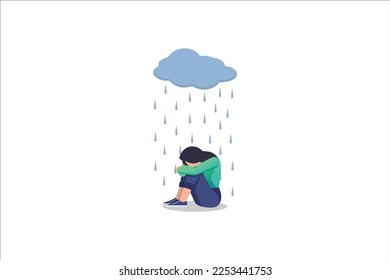 Depressed young woman sitting under a metaphorical rain cloud. Sad lonely man hugging his knees. Concept of depression, mental health, psychological problems, abuse. Vector illustration