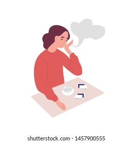 Depressed young woman smoking cigarettes. Concept of tobacco addiction, bad habit, negative behavior. Mental illness, behavioral problem, psychiatric condition. Flat cartoon vector illustration.