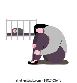 Depressed young woman. Young, tired mother is not suited to a crying baby and feels guilty. Flat vector illustration. 