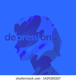 Depressed young woman wavy concept. Loss of self identity, fatigue, mental disorder or psychological problem. illustration in ultramarine colors
