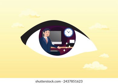 Depresses employee working in boss manager eyes who watching and staring at him all time, micromanagement, too much details and manipulation or controlled from boss or distrust employee (Vector)