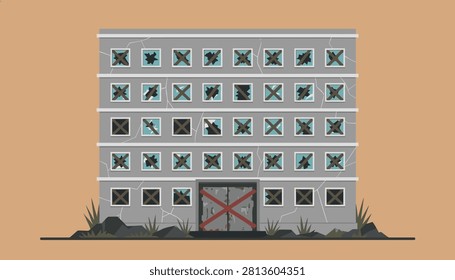Depressing cartoon illustration of a large grey abandoned building featuring shattered and boarded up windows with cracked concrete walls.