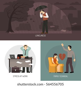 Depression 2x2 design concept with loneliness stress at work and family scandal compositions flat vector illustration   
